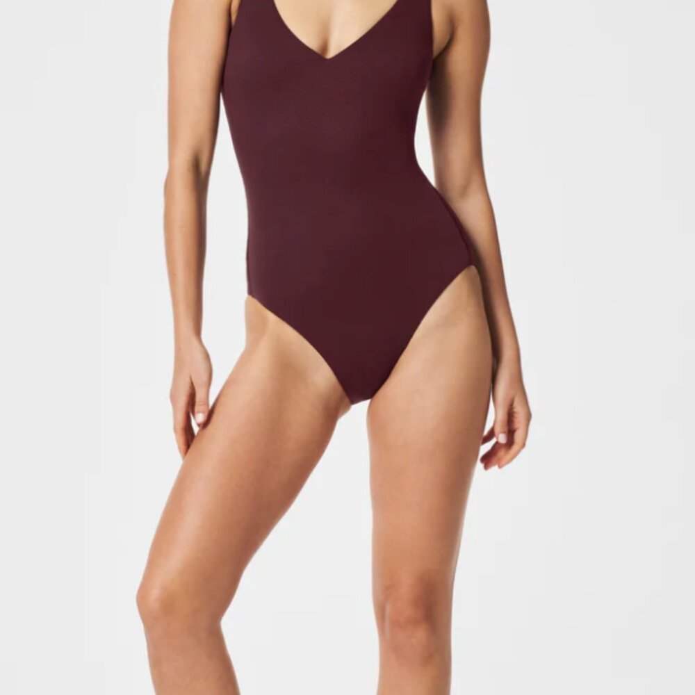 Spanx Swim Pique Plunge One-Piece L Mulberry NWT